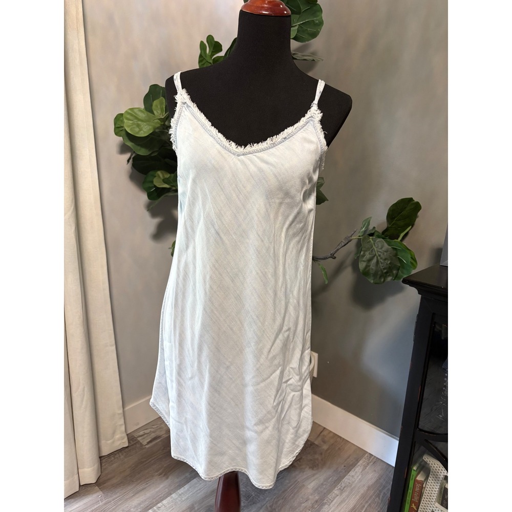 Bella‎ Dahl Frayed V-Neck Tencel Slip Dress Light Wash Blue Mini Small